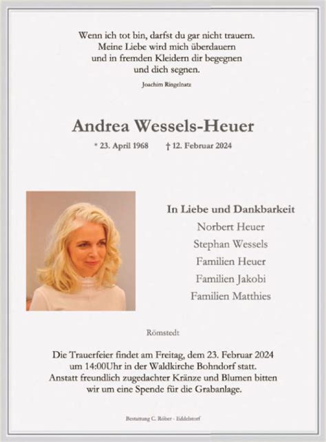 Traueranzeigen Von Andrea Wessels Heuer Az Trauer De