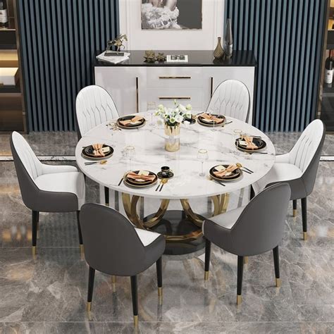 7 Piece Dining Room Sets 53 Sintered Stone Top Round Dining Table