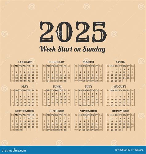 Year Vintage Calendar Weeks Start On Sunday Stock Vector