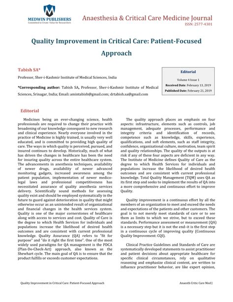 Pdf Anaesthesia And Critical Care Medicine Journal Quality Improvement