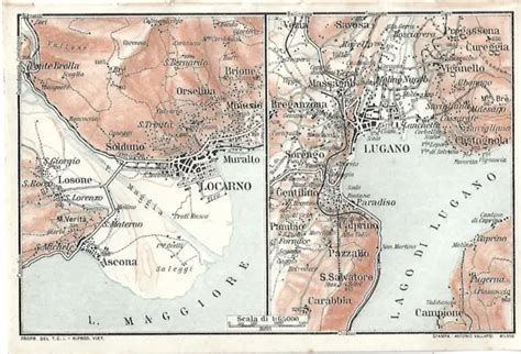 Carta Geografica Antica Locarno E Lugano Old Antique Map Eur