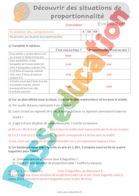 Découvrir des situations de proportionnalité Évaluation bilan au Cm1