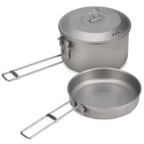 Camping Cookware Set Titanium Pot And Fry Pan Set With Lid And Foldable