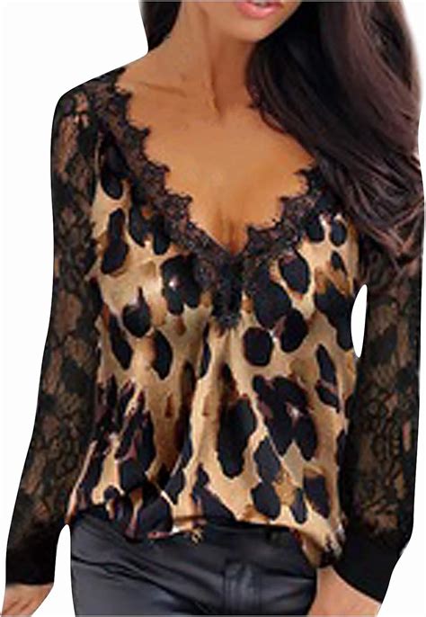 Womens Long Sleeve Fashion Leopard Print V Neck Casual Plus Size Tops