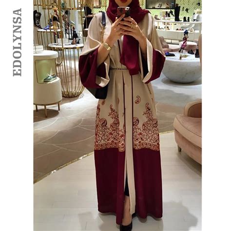 Fancy Abaya Robe 2019 Front Open Embroidery Belted Red Muslim Dress