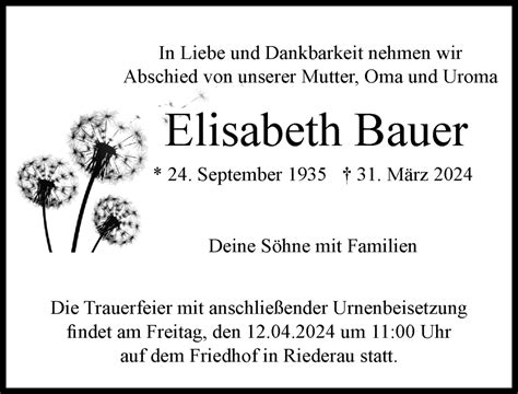 Traueranzeigen Von Elisabeth Bauer Augsburger Allgemeine Zeitung