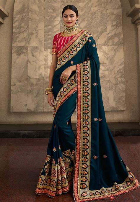 Teal Silk Saree With Blouse 9025