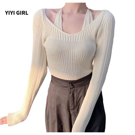 Yiyi Girl Sexy Knitted Halter Neck Long Sleeve Korean Fashion Short Off