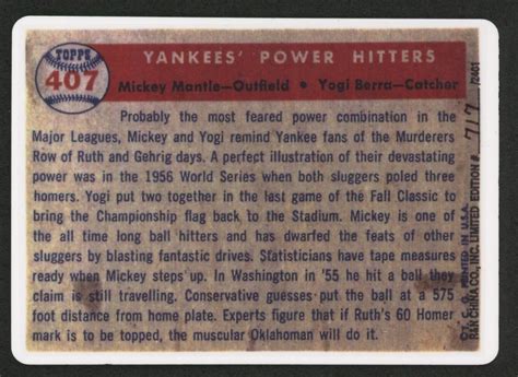 1957 Topps 407 Yankees Power Hitters Mickey Mantle Yogi Berra LE