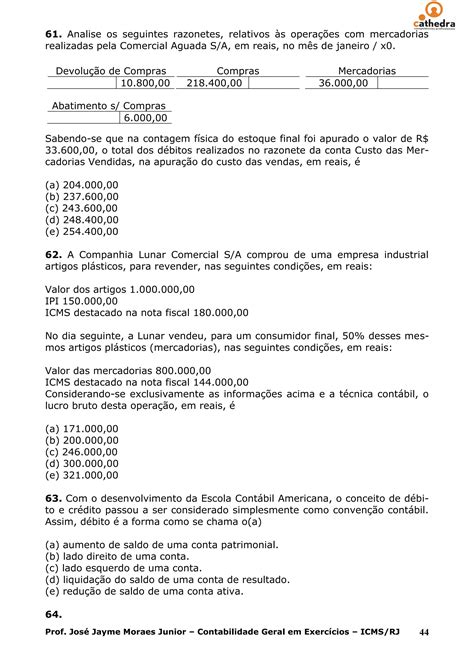 Exercicios Resolvidos Contabilidade Aula 04 Cathedra Icms Rj Pdf