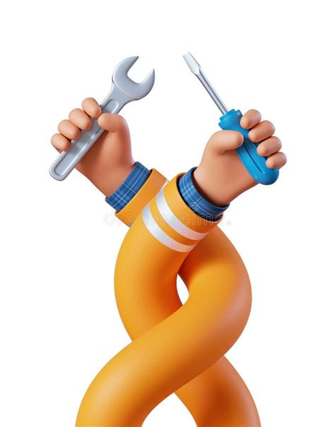 3d Render Cartoon Tangled Flexible Human Hands Hold Screwdriver And