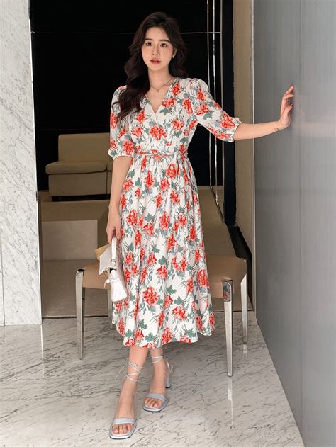 Dazy Allover Floral Print Puff Sleeve Belted Dress Shein Usa