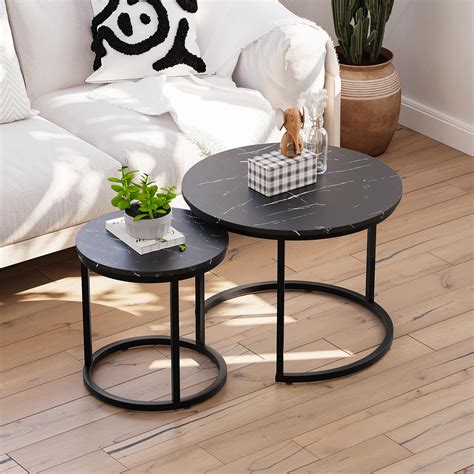 Smuxee Black Nesting Coffee Table Set of 2, 23.6" Round Coffee Table Wood Grain Top with ...