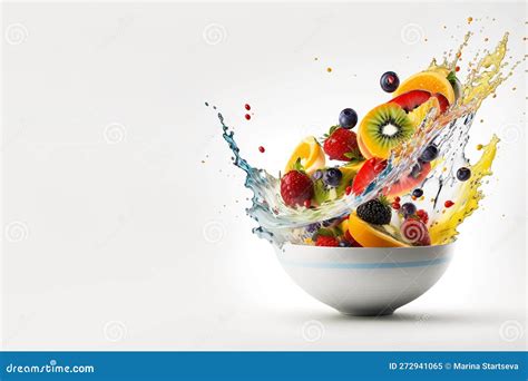 Colorful Fresh Fruit Salad In A White Plate Fruits Flying In The Air