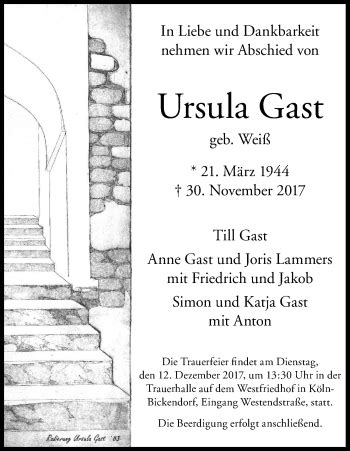 Traueranzeigen Von Ursula Gast Wirtrauern