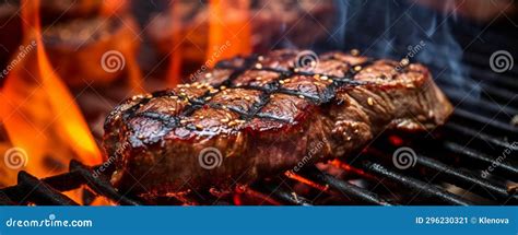 Grilled Steak With Herbs Cooking Over Flaming Grill Stock Image Image