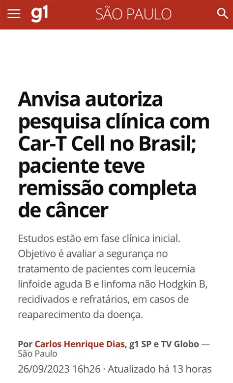 Anvisa Autoriza Pesquisa Cl Nica Car T Cell No Brasil