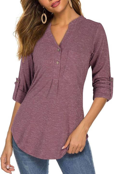 Womens V Neck 34 Cuffed Sleeve Comfy Shirts For Women Henley Button Down Knit Loose Tops Shirts