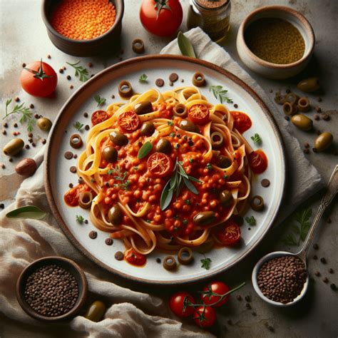 Pasta De Lentejas Rojas Con Salsa Puttanesca Deliciario