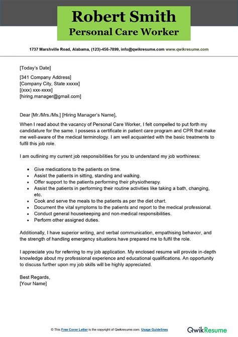 Personal Care Worker Cover Letter Examples Qwikresume