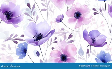 Watercolor Purple Flowers Seamless Pattern Woodland Flowers On White