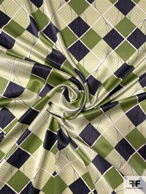 Argyle With Sketch Lines Printed Silk Charmeuse Mint Sage Oliver