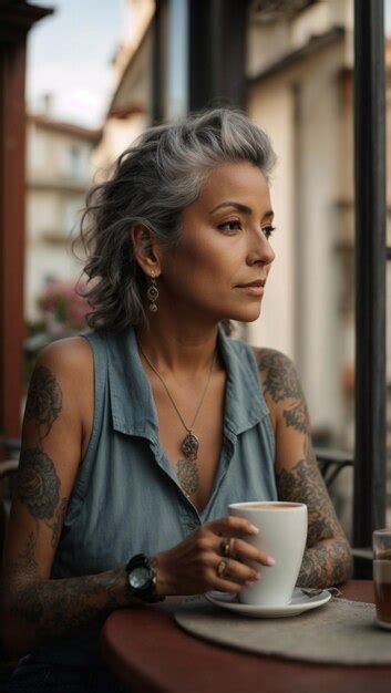 Premium Ai Image Mujer De Mediana Edad Con Tatuaje En Muneca Y Taza