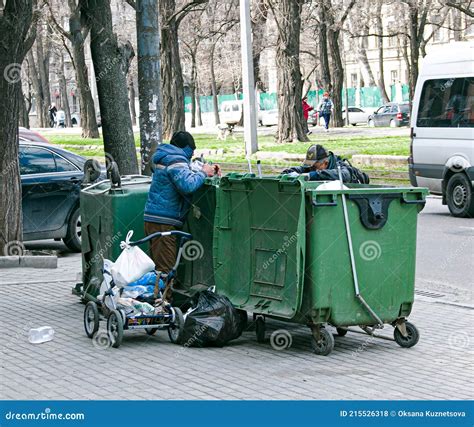 Homeless Old Man In Search For Food Poor Tramp Hungry Rummaging For