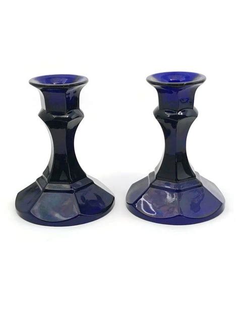 Vintage Pressed Glass Cobalt Blue Candle Holder Set Etsy Blue