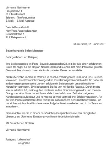 Muster Bewerbung Als Sales Manager Bewerbungsschreiben F R