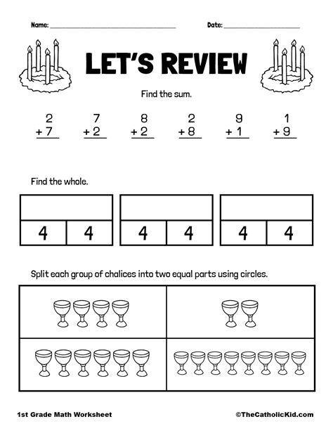 Addition And Fraction Review 1st Grade Math Worksheet Catholic Worksheets Library