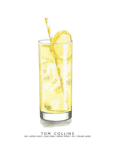 Tom Collins Midcentury Cocktail Watercolor Illustration Print Etsy