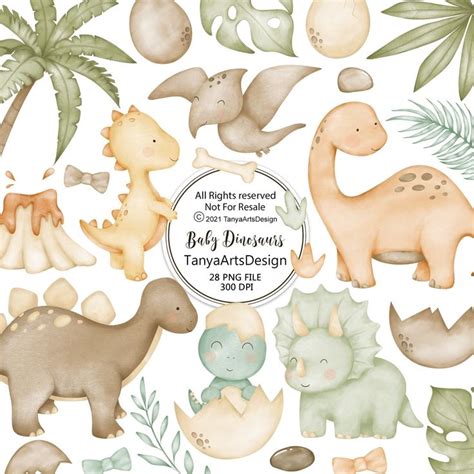 Baby Dinosaurs Clipart Set With Palm Trees Leaves And Other Items In