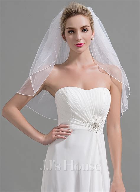 Two Tier Cut Edge Elbow Bridal Veils With Faux Pearl