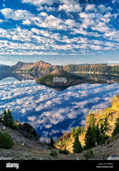 Puffy Cloud Reflection Crater Lake And Wizard Island Crater Lake