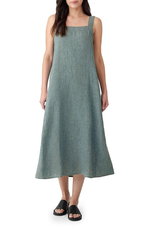 Eileen Fisher Square Neck Organic Linen Dress In Green Lyst