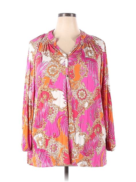 Belle By Kim Gravel Paisley Pink Long Sleeve Blouse Size 2x Plus 68