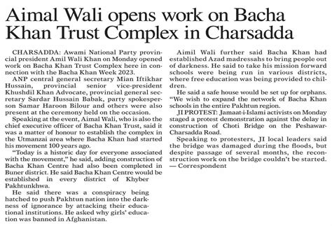 Dawn Epaper Jan Aimal Wali Opens Work On Bacha Khan Trust