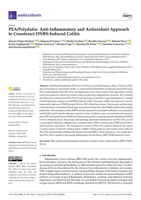 Pdf Peapolydatin Anti Inflammatory And Antioxidant Approach To Counteract Dnbs Induced Colitis