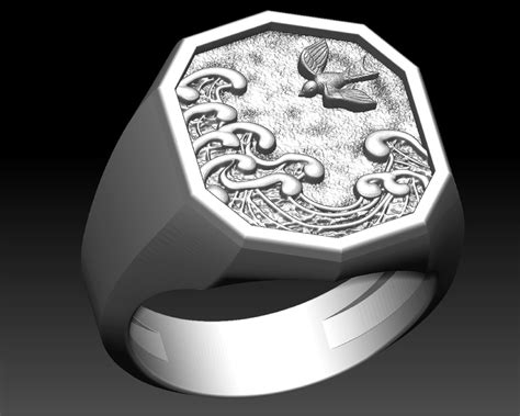 Mens Signet Ring With Ocean And Bird 3d Model 3d Printable Cgtrader