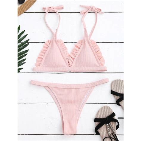 Halter Ribbed Bikini With Ruffles Pink Pln Liked On Polyvore