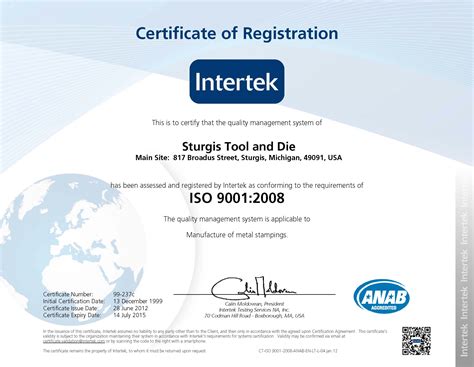 ISO Certificate - Sturgis Tool & Die, Inc.