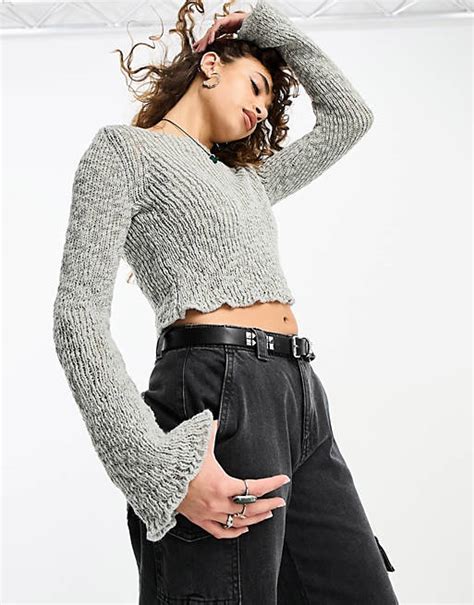 Asos Design Cropped Slub Sweater With Slash Neck In Gray Asos