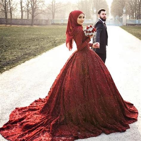 Red Islamic Long Sleeve Muslim Wedding Dress With Hijab Lace Wedding