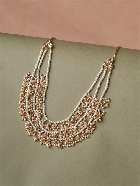 Buy Gold Toned Handcrafted Metal Layered Pearl Necklace DGNL22039