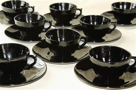 Ebony Black Depression Glass Cups And Saucers Art Deco Vintage Elegant Glass