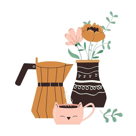 Premium Vector Morning Hot Coffee And Wild Flowers In Vase Composition Beverage In Cute Cup