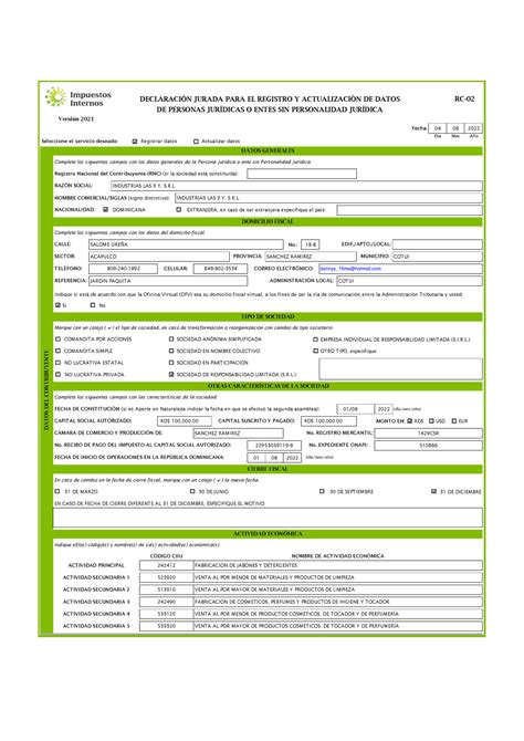 RC 02 Declaración Jurada para el Registro y Actualización de Datos de