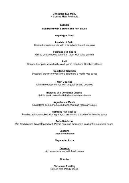 Christmas Eve Menu 4 Course Meal Available Starters Lacartes