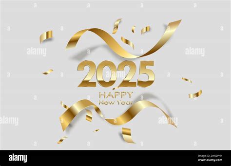 Happy New Year 2025 Golden 3d Numbers With Ribbons And Confetti